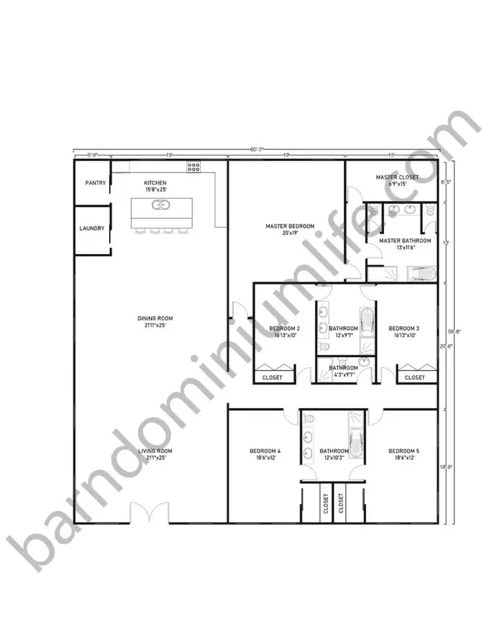 60x60 Barndominium Floor Plans with 1 Master Bedroom and 4 Bedrooms for Large Families
