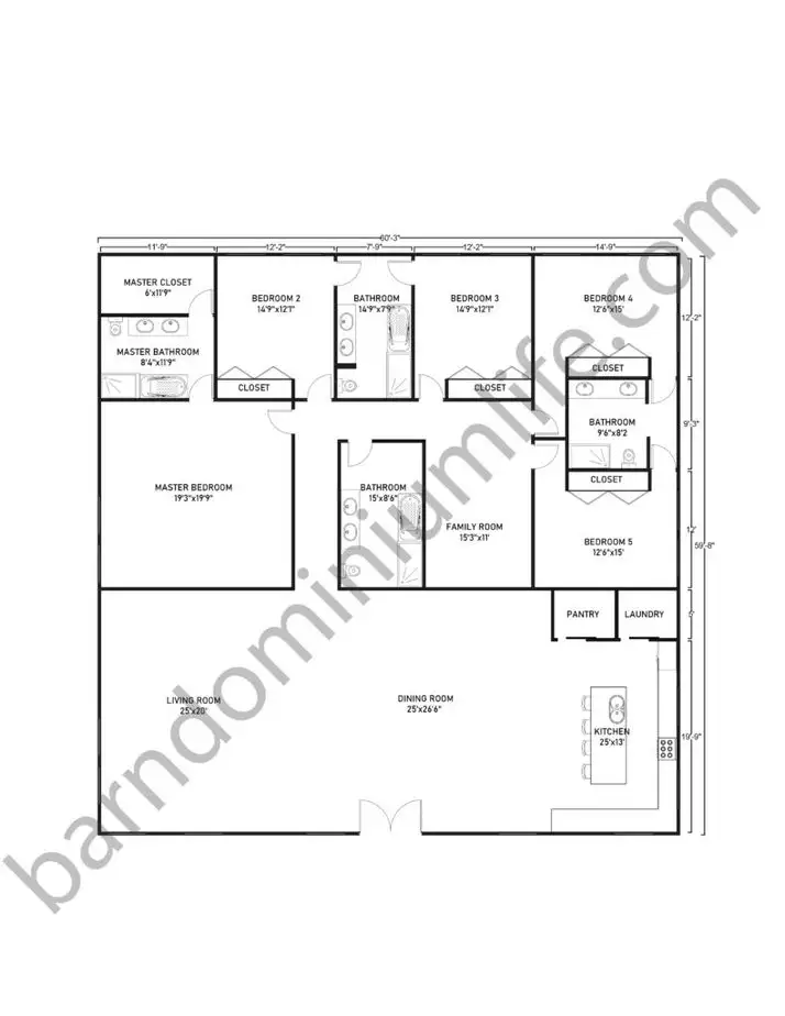 60x60 Barndominium Floor Plans with 1 Master Bedroom, 4 Bedrooms and Family Room
