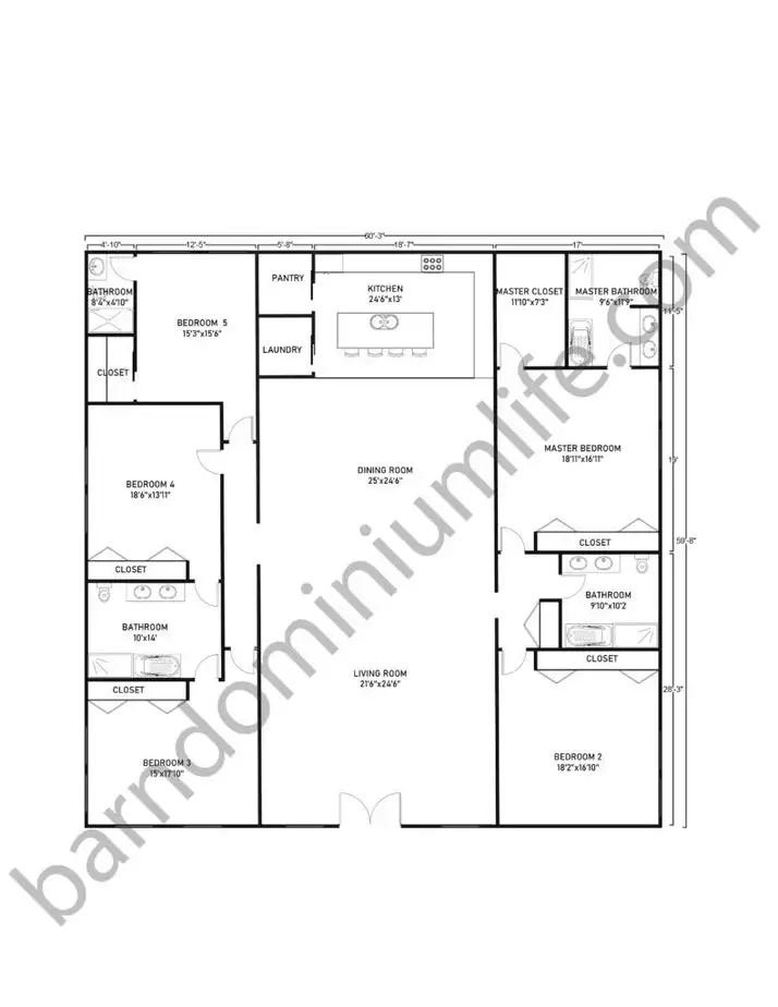 60x60 Barndominium Floor Plans with Classic Design for Large Families