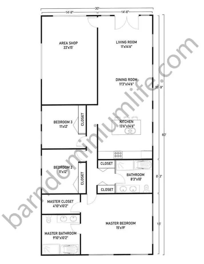  30x60 Barndominium with Shop Floor Plans Classic Vertical Design
