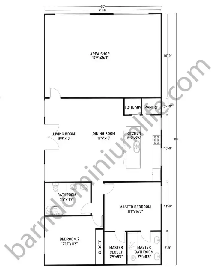 30x60 Barndominium with Shop Floor Plans Classic Design for Small Families