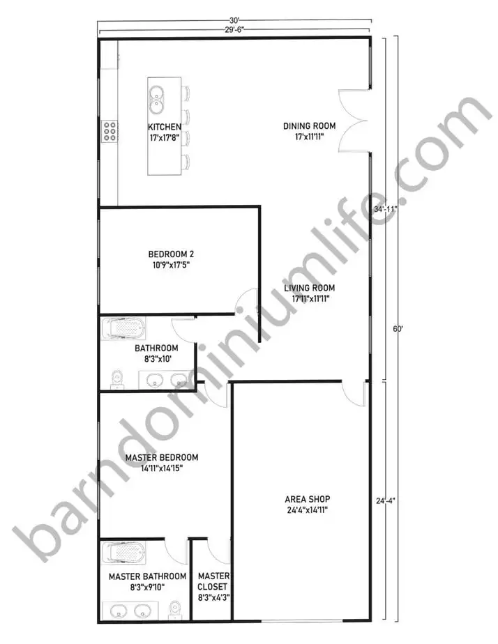 30x60 Barndominium with Shop Floor Plans Classic Horizontal Design