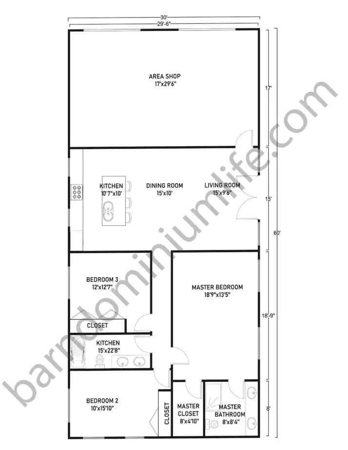30x60 Barndominium with Shop Floor Plans for Medium Size Families