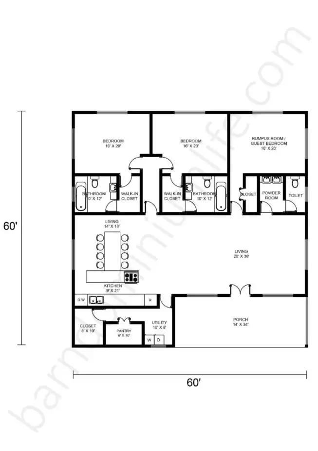 60x60 Barndominium Floor Plans Open Concept with Porch and Rumpus Room