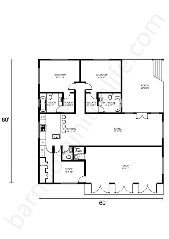 60x60 Barndominium Floor Plans Open Concept with Porch, Office and Shop