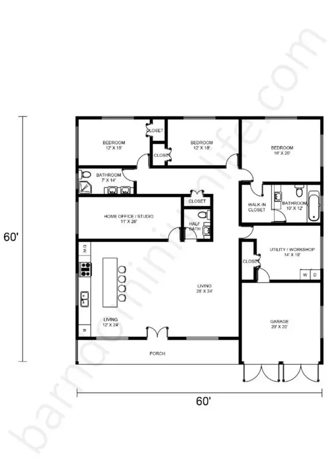  60x60 Barndominium Floor Plans Open Concept with Porch, Garage, Home Office/Studio and Workshop
