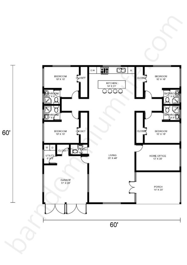 60x60 Barndominium Floor Plans Open Concept with Porch, Garage and Home Office
