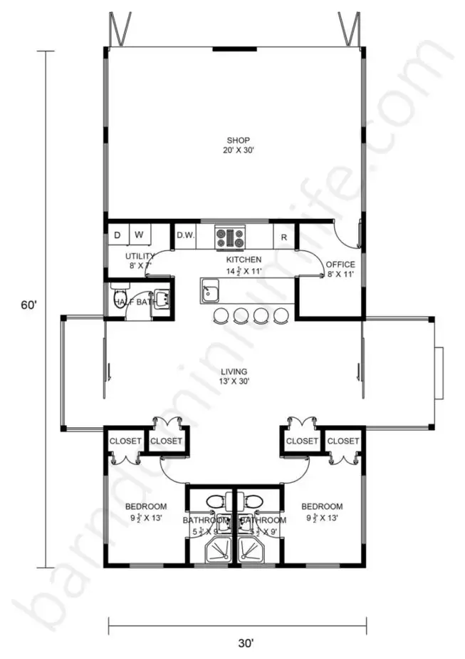 30x60 Barndominium with Shop Floor Plans Open Concept, Office, 2 Porches