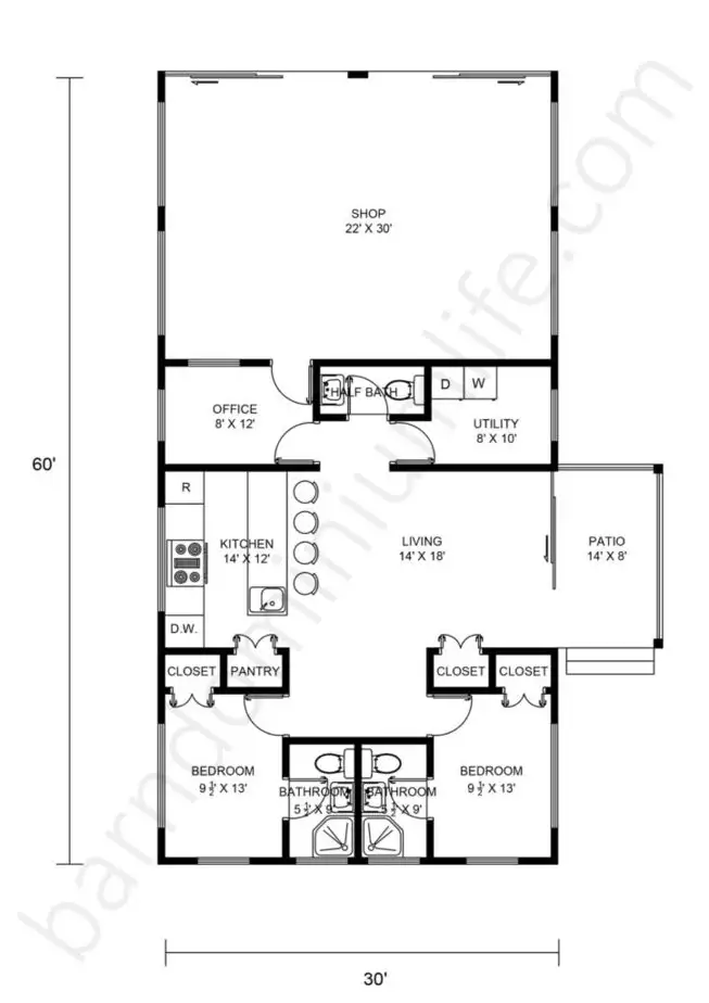 30x60 Barndominium with Shop Floor Plans Open Concept, Patio and Office