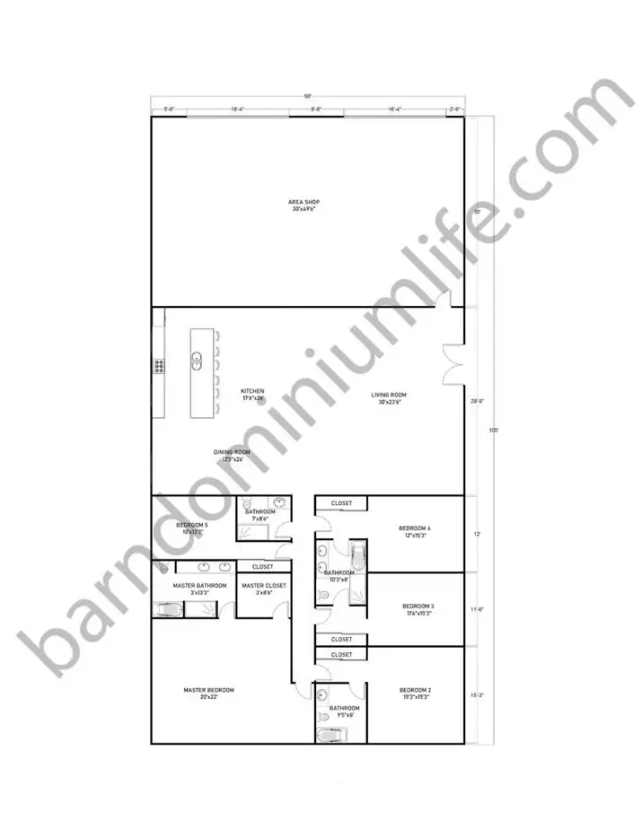 50x100 Barndominium Floor Plans with Shop and Master Suite for Large Families