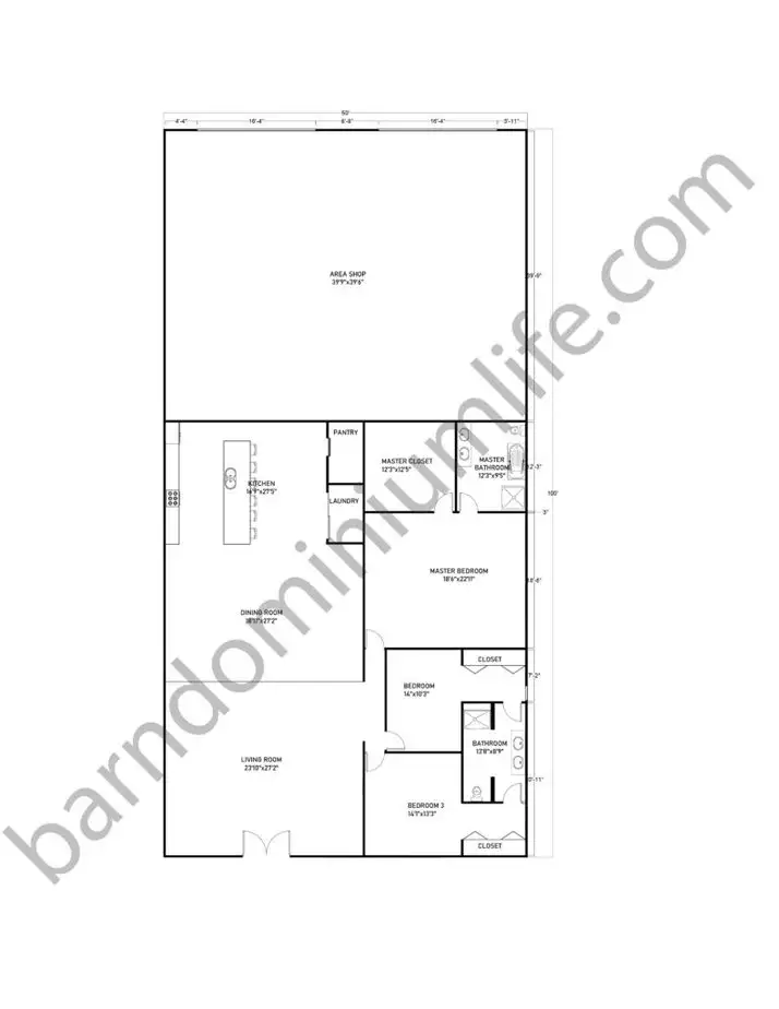 50x100 Barndominium Floor Plans with Shop for Medium Sized Families
