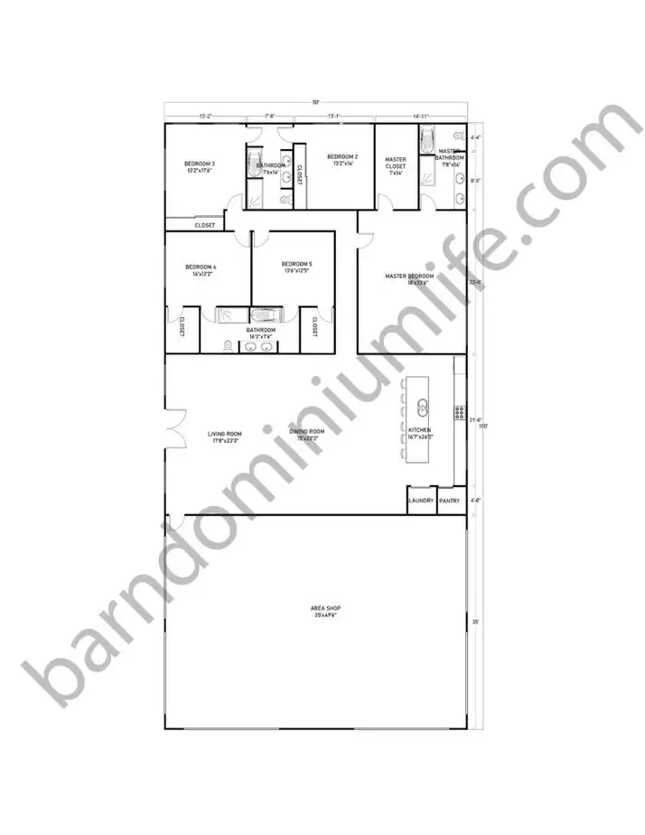 50x100 Barndominium Floor Plans with Shop for Large Families
