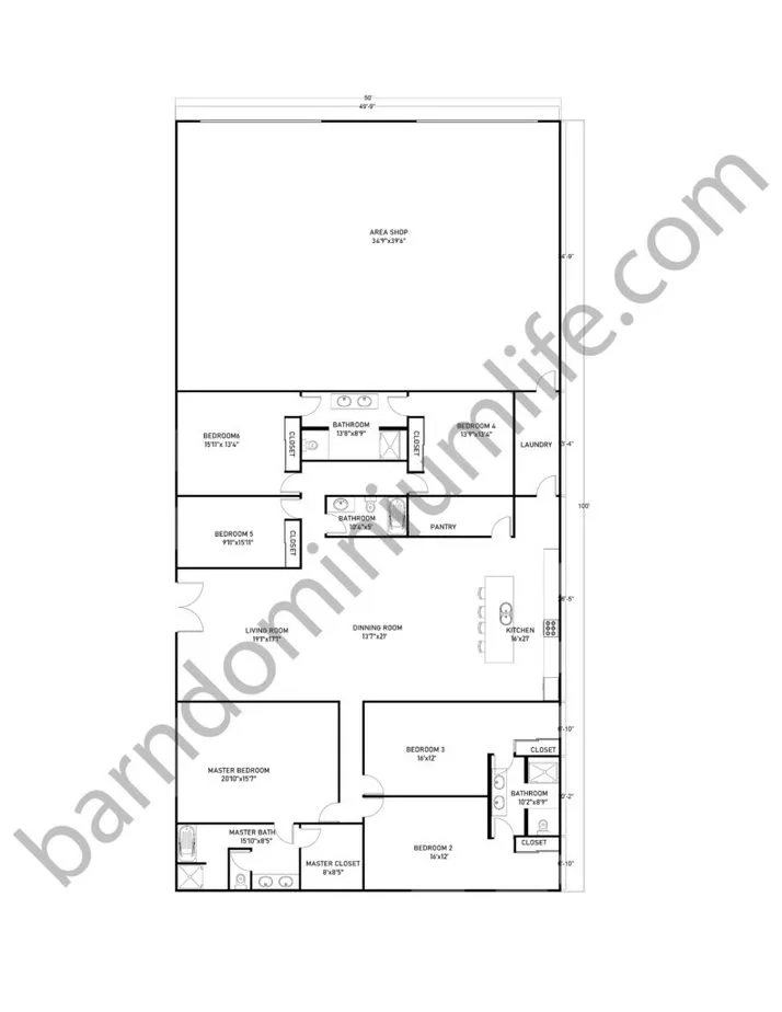 50x100 Barndominium Floor Plans with Shop for Extra Large Families
