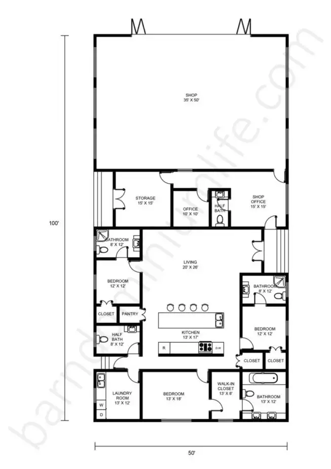 50x100 Barndominium Floor Plans with Shop, Open Concept, Office and Porch
