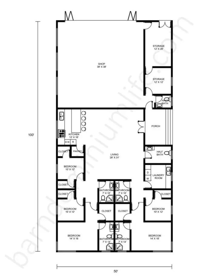 50x100 Barndominium Floor Plans with Shop and Open Concept for Large Families