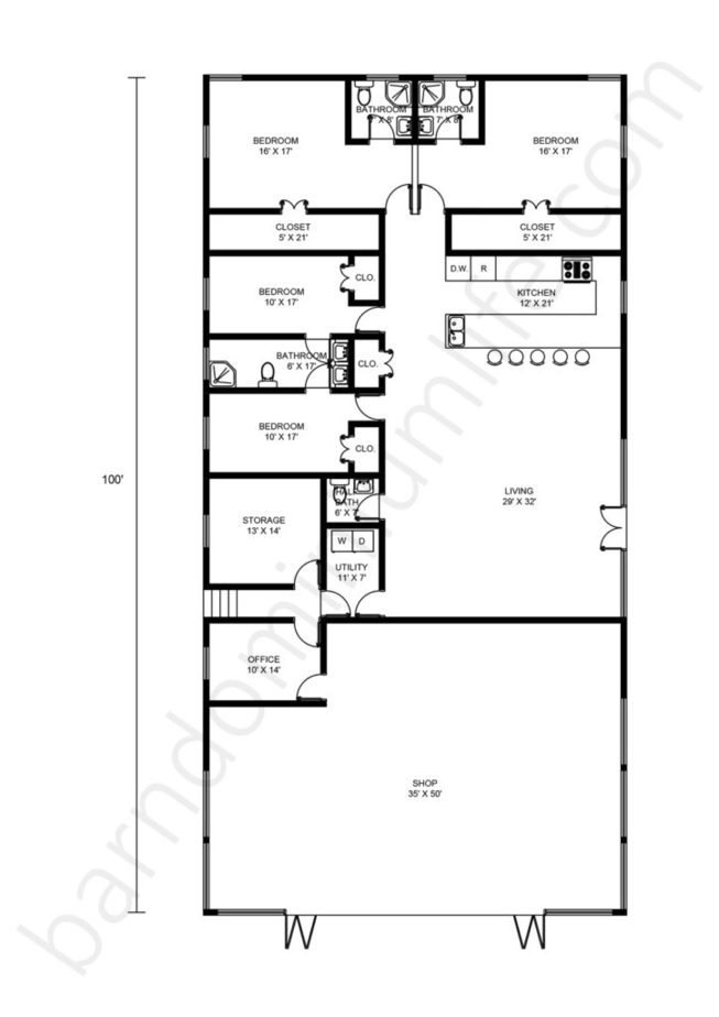 50x100 Barndominium Floor Plans with Shop, Office and Open Concept
