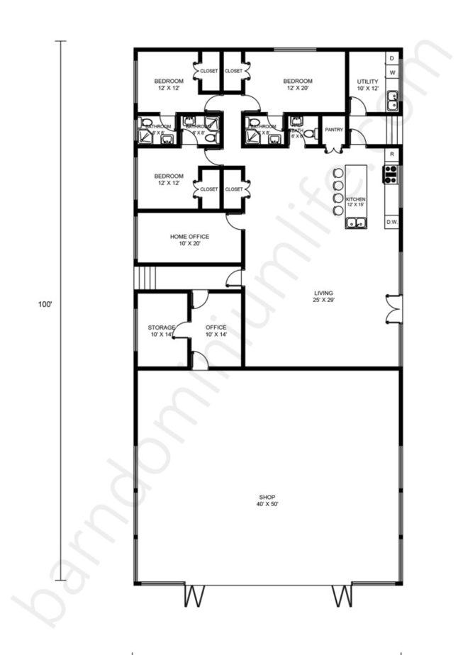 50x100 Barndominium Floor Plans with Shop, Open Concept and Home Office
