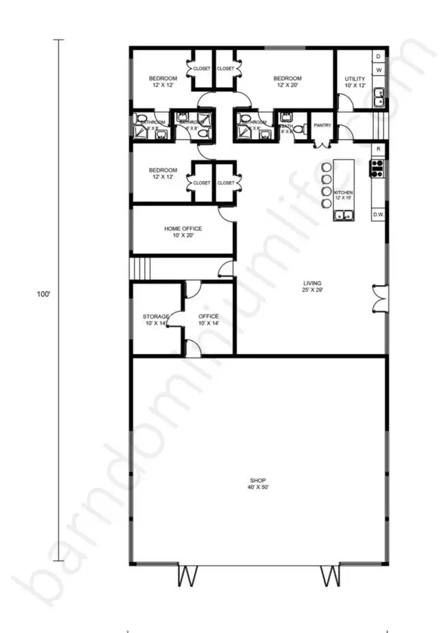 50x100 Barndominium Floor Plans with Shop, Open Concept and Home Office
