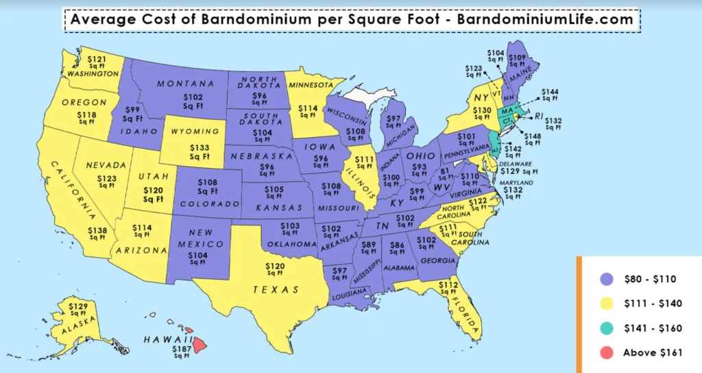 cheapest states to build a barndominium map