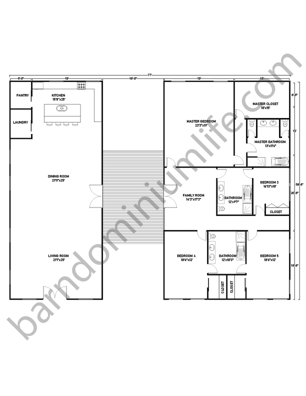 Barndominium Floor Plans with Breezeway, Master’s, 3 Bedrooms and Family Room
