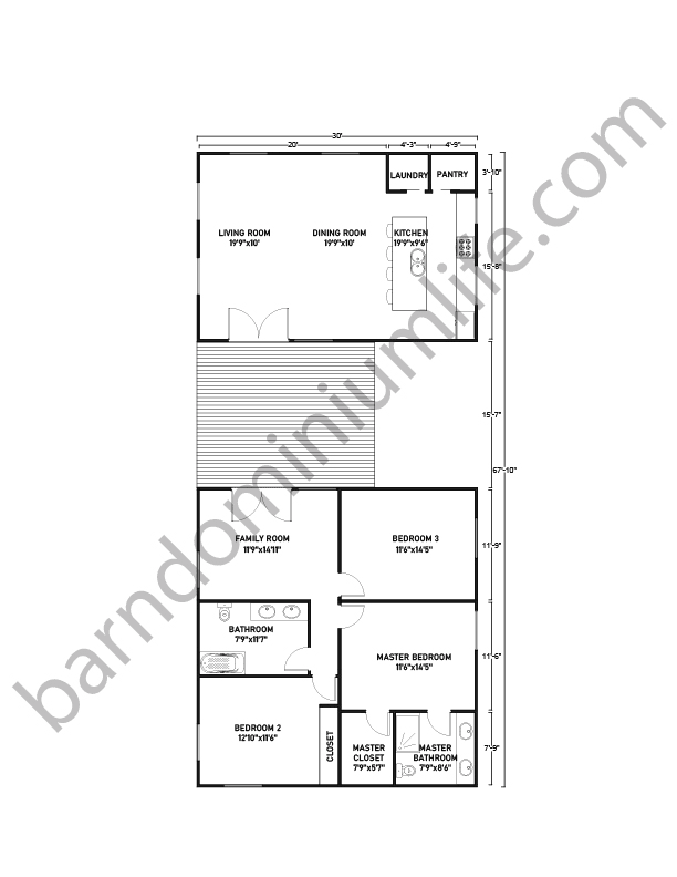 Barndominium Floor Plans with Breezeway, Master’s, 2 Bedrooms and Family Room