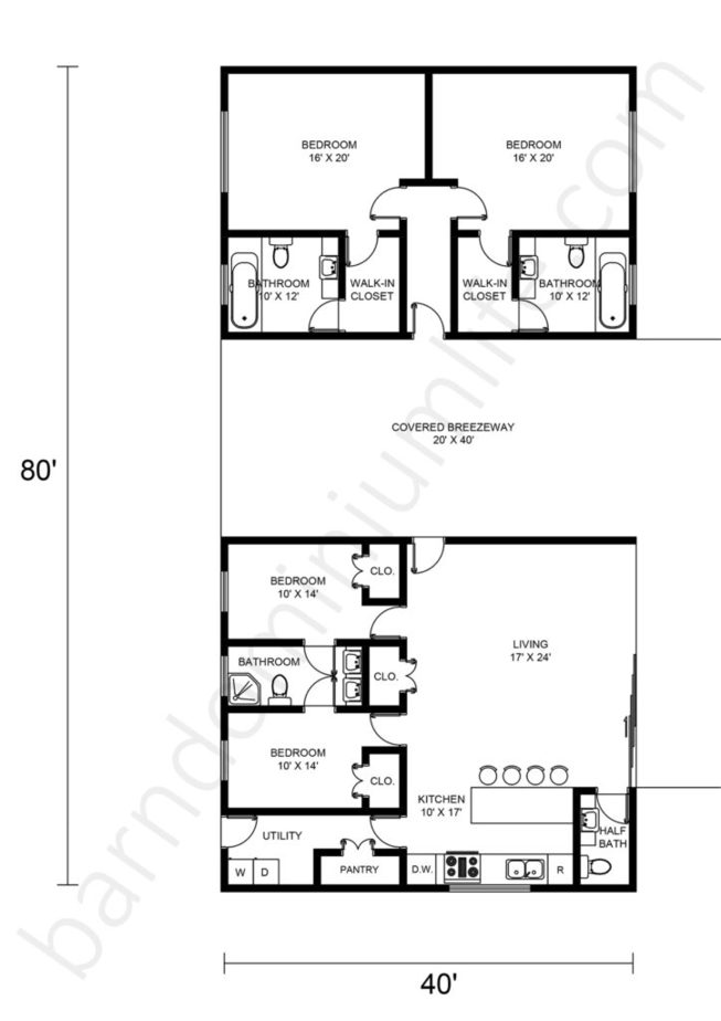 Barndominium Floor Plans with Breezeway, Open Concept, and 4 Bedrooms