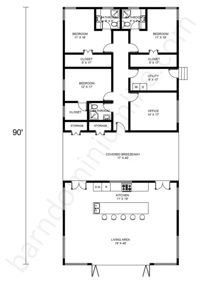 Barndominium Floor Plans with Breezeway, Open Concept, Office, and 3 Bedrooms
