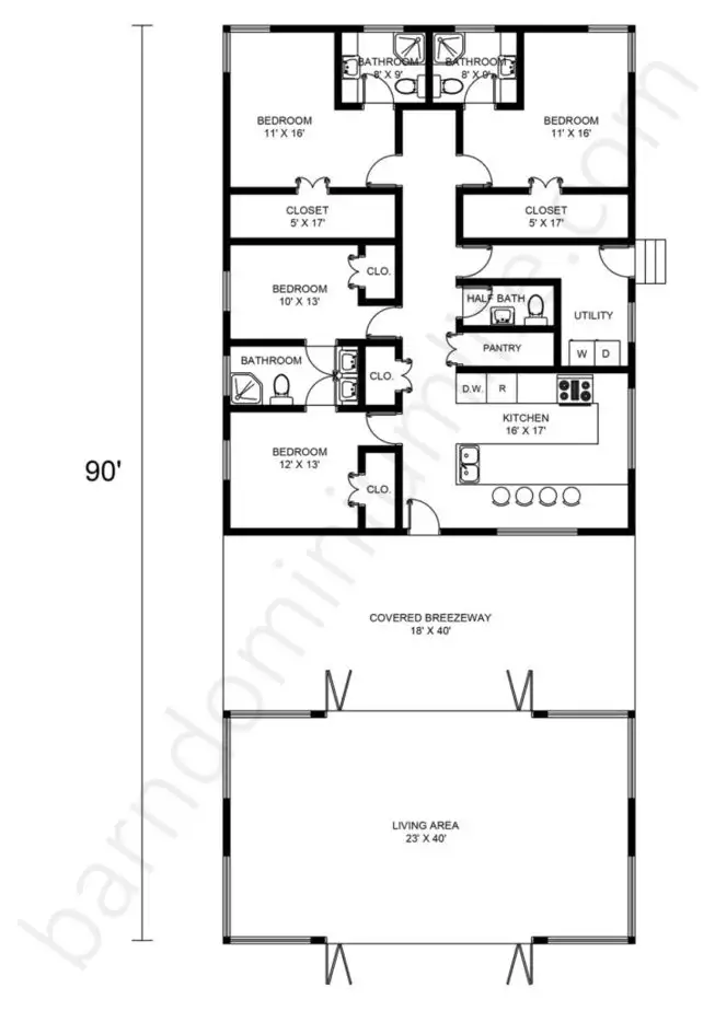 Barndominium Floor Plans with Breezeway, Standalone Open Concept, 4 Bedrooms