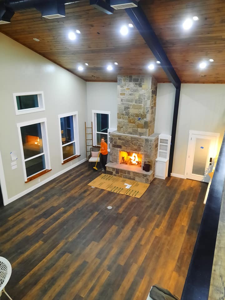 Lunsford Family Barndominium Open Concept Living and Dining Area with Fireplace

