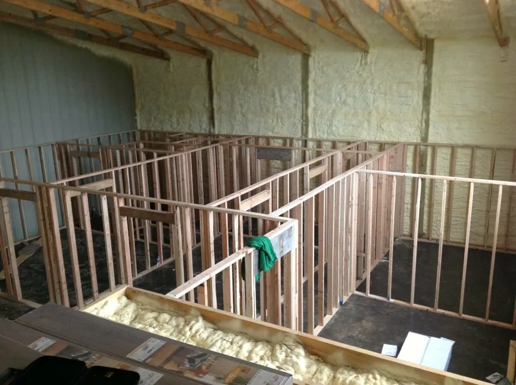 Interior framing is put up on the first floor.