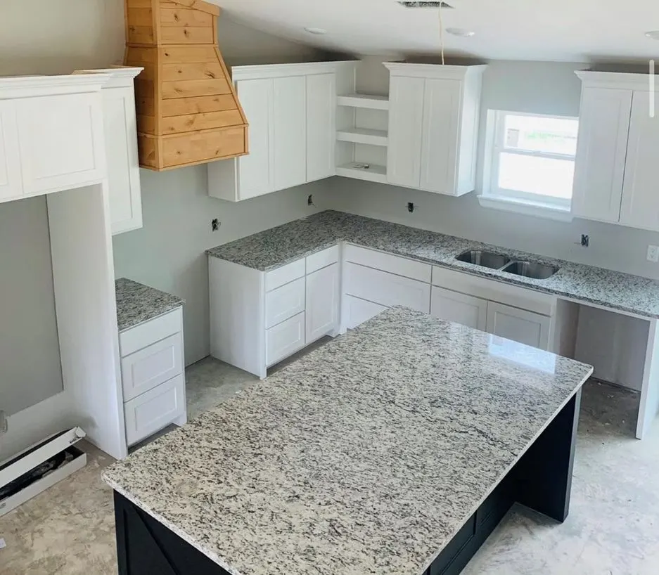 Kitchen from above featuring island.