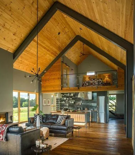 Wood stained ceilings with painted beams