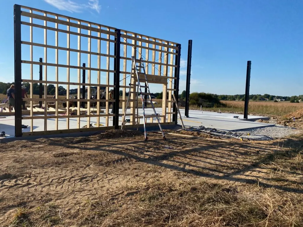 Framing between the metal beams, and framing openings for doors and windows.