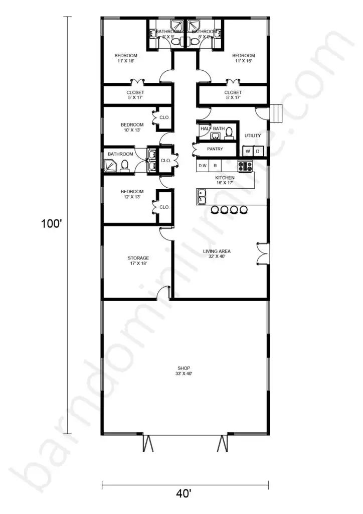 40x100 barndominium floor plan