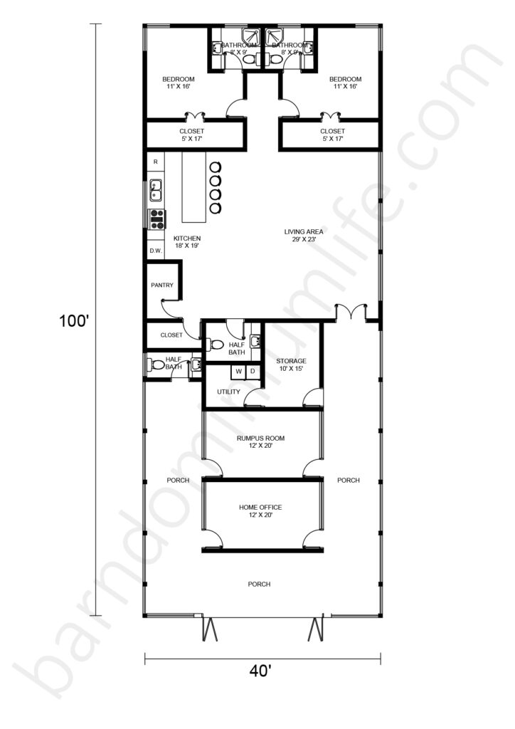 40x100 barndominium floor plan