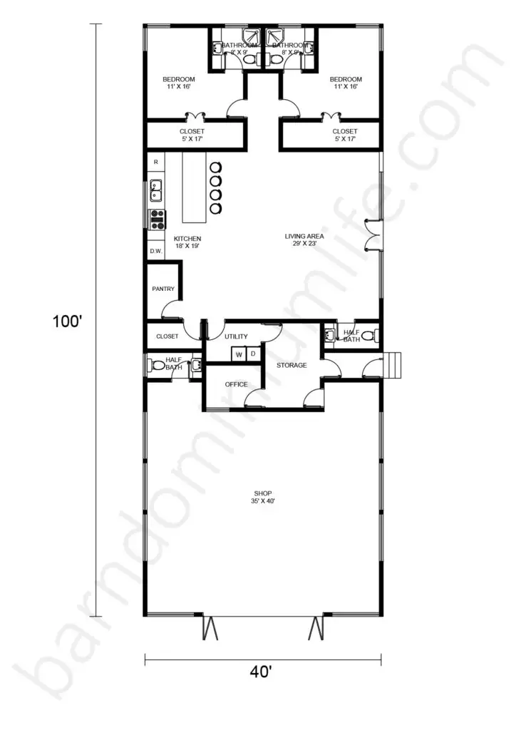 40x100 barndominium floor plan