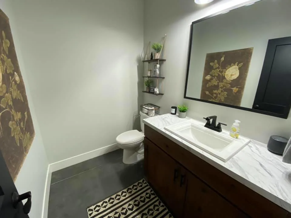 Guest bathroom toilet and sink with huge mirror