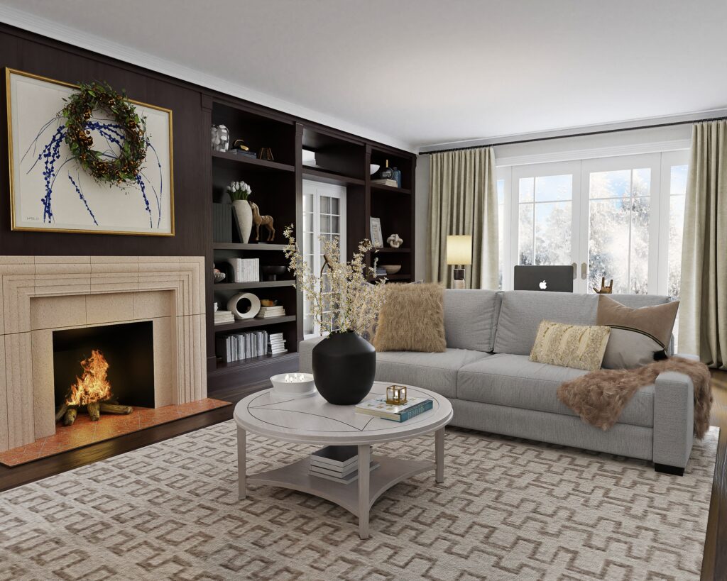 living area with a fireplace - barndominium design ideas