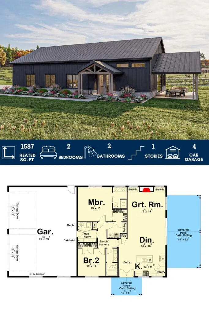 1500 Sq Ft Barndominium-Style House Plan with 2-Beds and an Oversized Garage