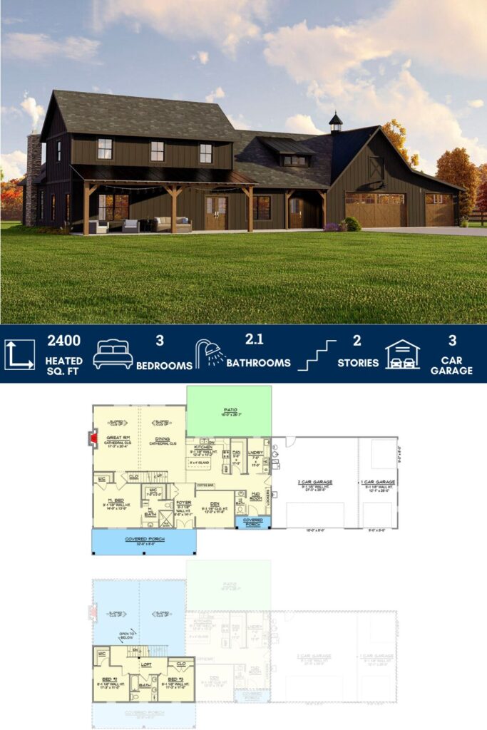 2400 Square Foot Rustic 3-Bedroom Farmhouse Plan with Barn-Style Garage