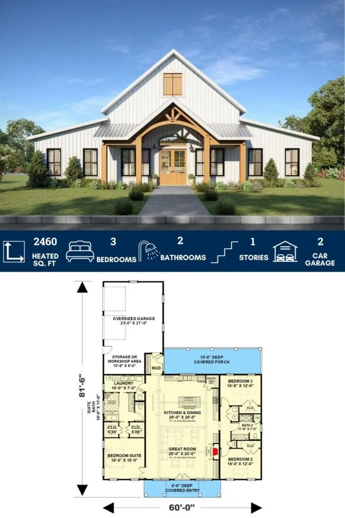3-Bed Barndomium-Style Farmhouse Plan with Vaulted Living