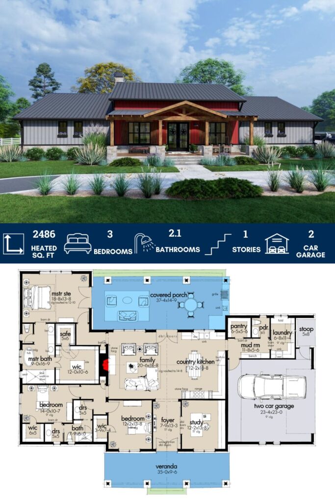3-Bedroom Modern Farmhouse Plan with Metal or Wood Framing Options – 2486 Sq Ft