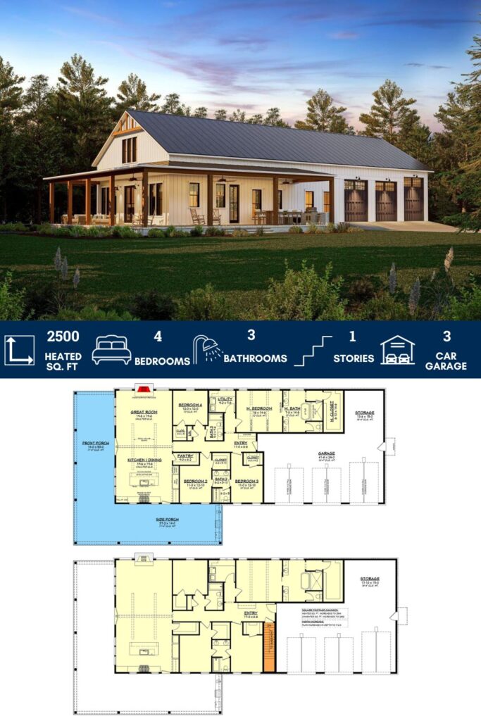 4-Bed Modern Farmhouse Barndo House Plan with an Oversized Garage - 2500 Square Feet