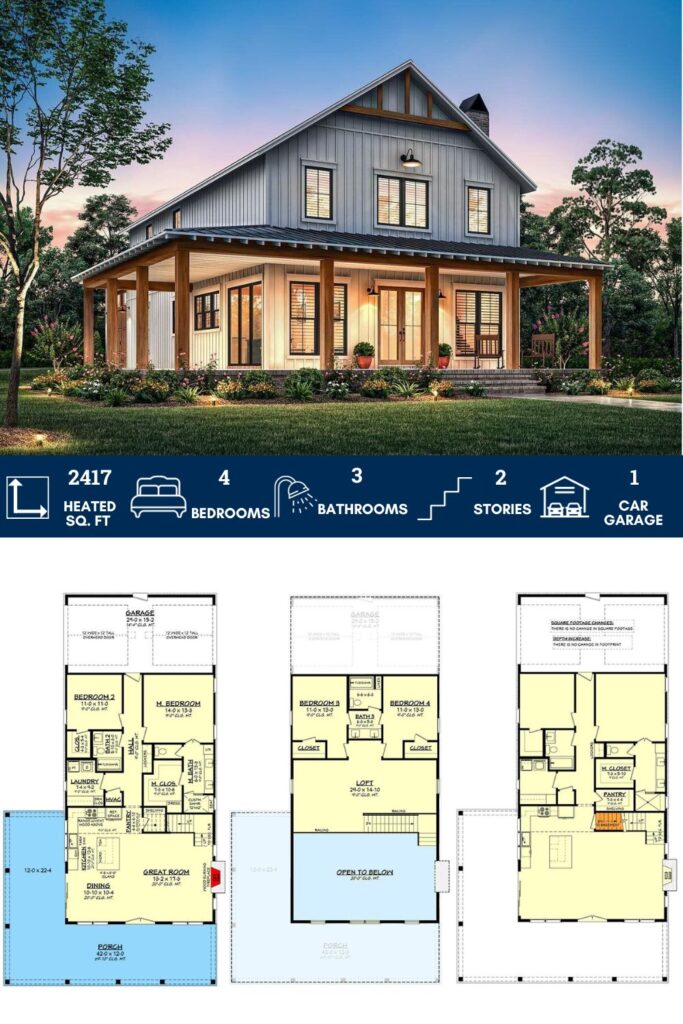 4-Bed Two-Story Barndominium-Style Farmhouse Plan with Large Loft