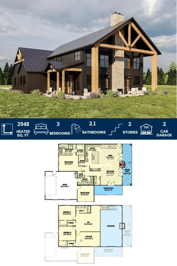Barndo-Style House Plan with 2-Story Open Floor Plan and a 2-Car Side-Load Garage