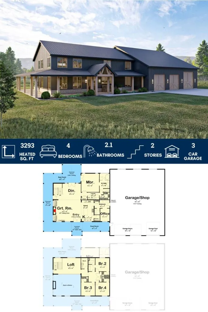 Barndominium-Style House Plan with Home Office and Oversized RV Garage