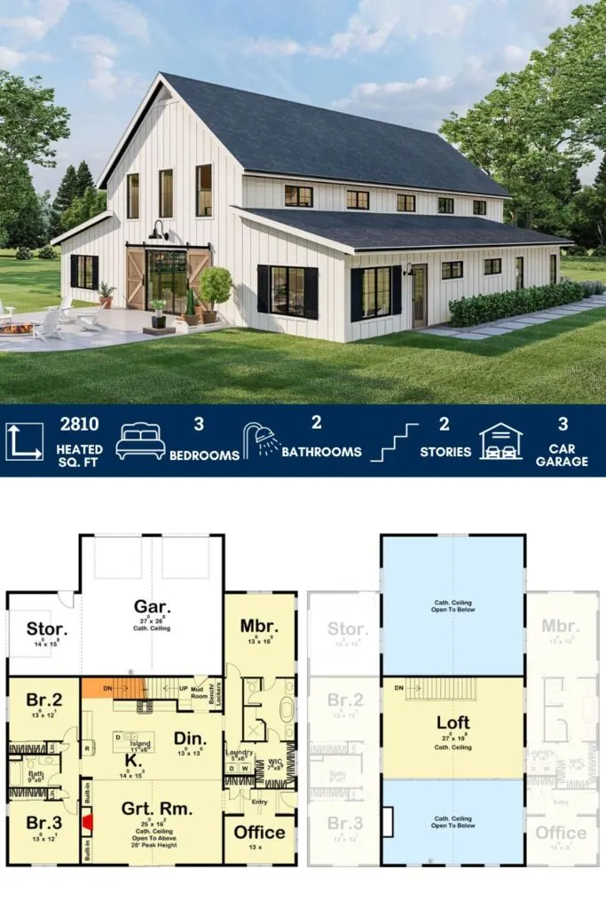 Barndominium-style House Plan with Home Office and Two-story Great Room
