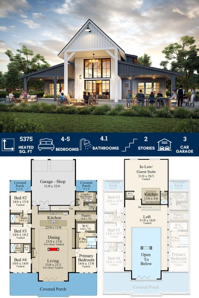 Luxury Barndominium-Style House Plan with Upstairs Loft and Bedroom Suite