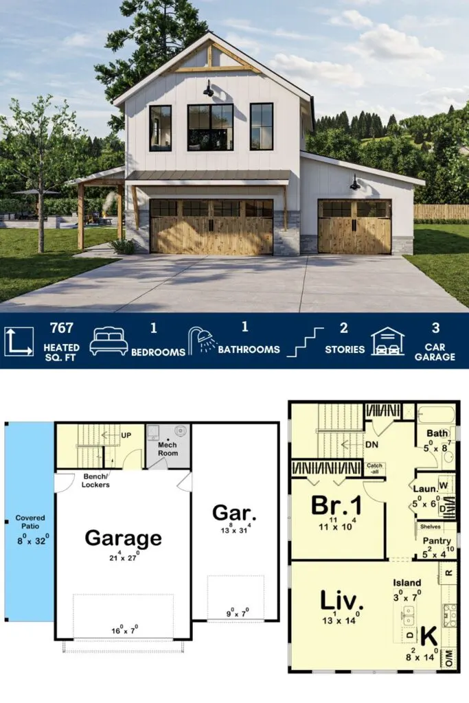 New American Garage Apartment Plan with Barndominium Styling