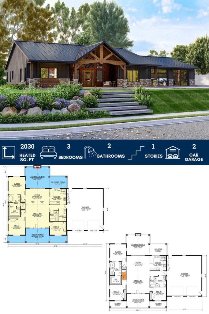 One-Story Country Craftsman House Plan with Vaulted Great Room and 2-Car Garage